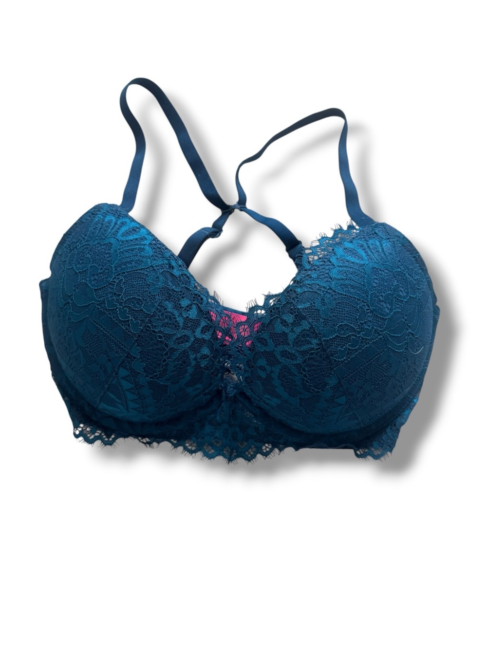 La Senza Teal All Over Lace Push Up Bra 32DDDD 32G Cage Straps Plunge Sweetheart
